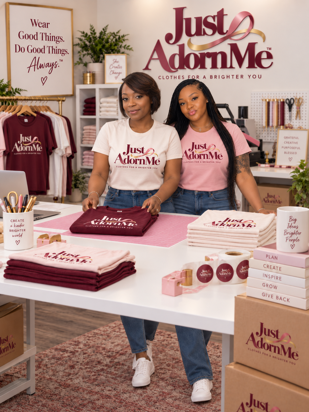 Illustrated Just Adorn Me studio portrait of two women with branded apparel